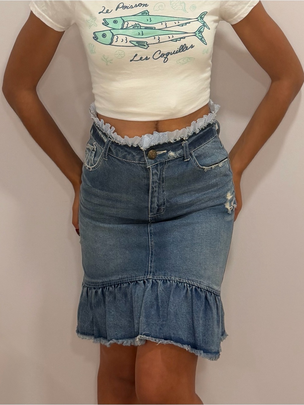 Denim Ruffle-Hem Skirt - Blue